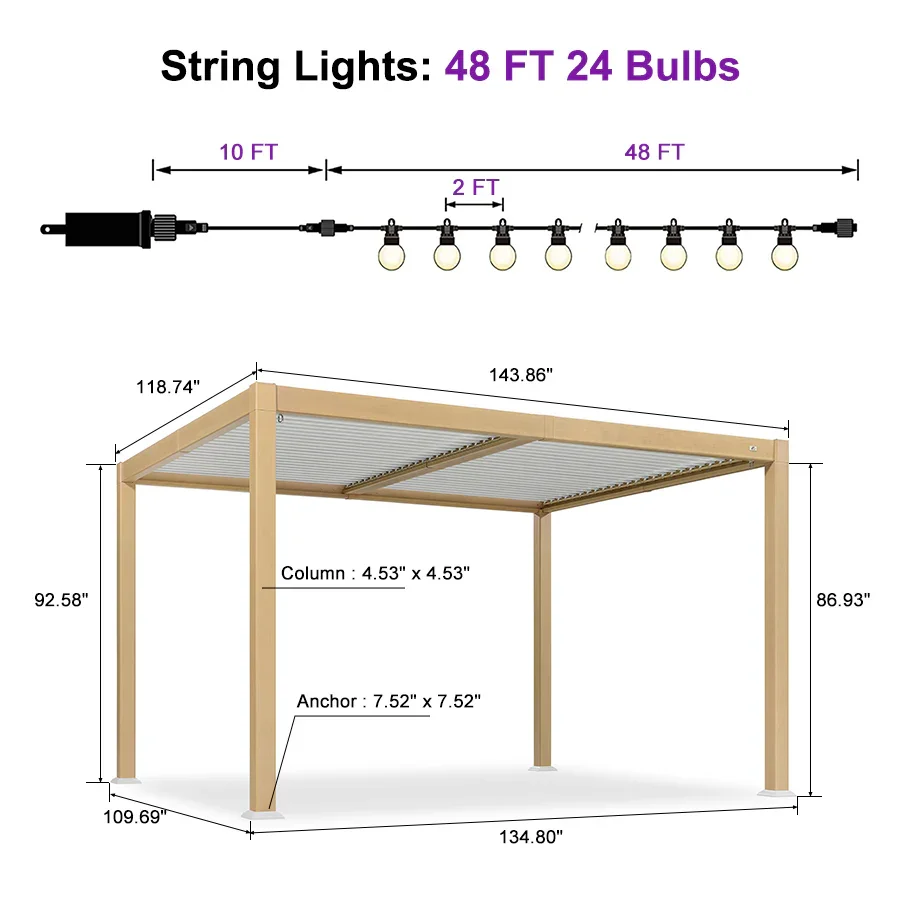 PURPLE LEAF Caesar Louvered Pergola Outdoor Wood Grain Aluminum Pergola with Adjustable Roof Patio Rainproof Hardtop Gazebo With Yellow Lights - Image 26