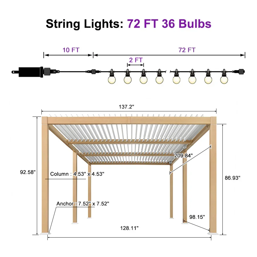 PURPLE LEAF Caesar Louvered Pergola Outdoor Wood Grain Aluminum Pergola with Adjustable Roof Patio Rainproof Hardtop Gazebo With Yellow Lights - Image 28