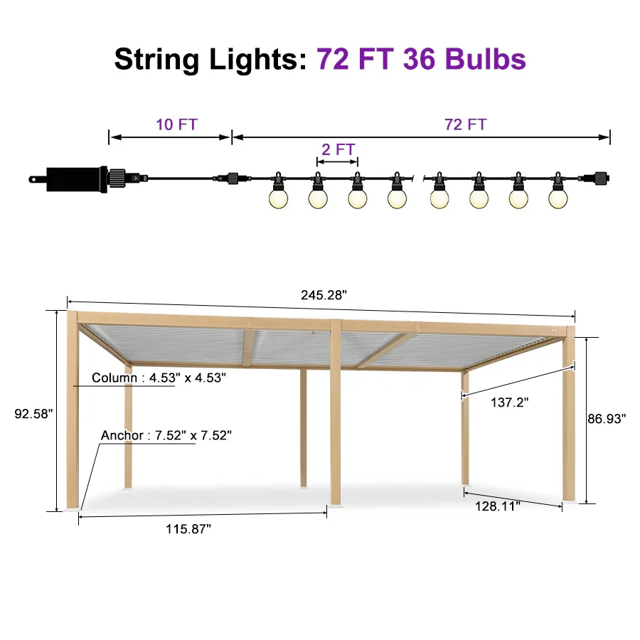 PURPLE LEAF Caesar Louvered Pergola Outdoor Wood Grain Aluminum Pergola with Adjustable Roof Patio Rainproof Hardtop Gazebo With Yellow Lights - Image 29