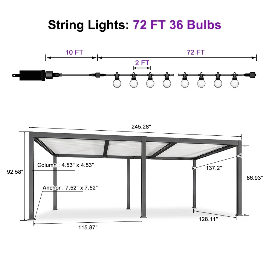 PURPLE LEAF Caesar Louvered Pergola with Milky String Lights Patio Aluminum Pergola with Independent Adjustable Rainproof Roof With Milky Lights - Image 58