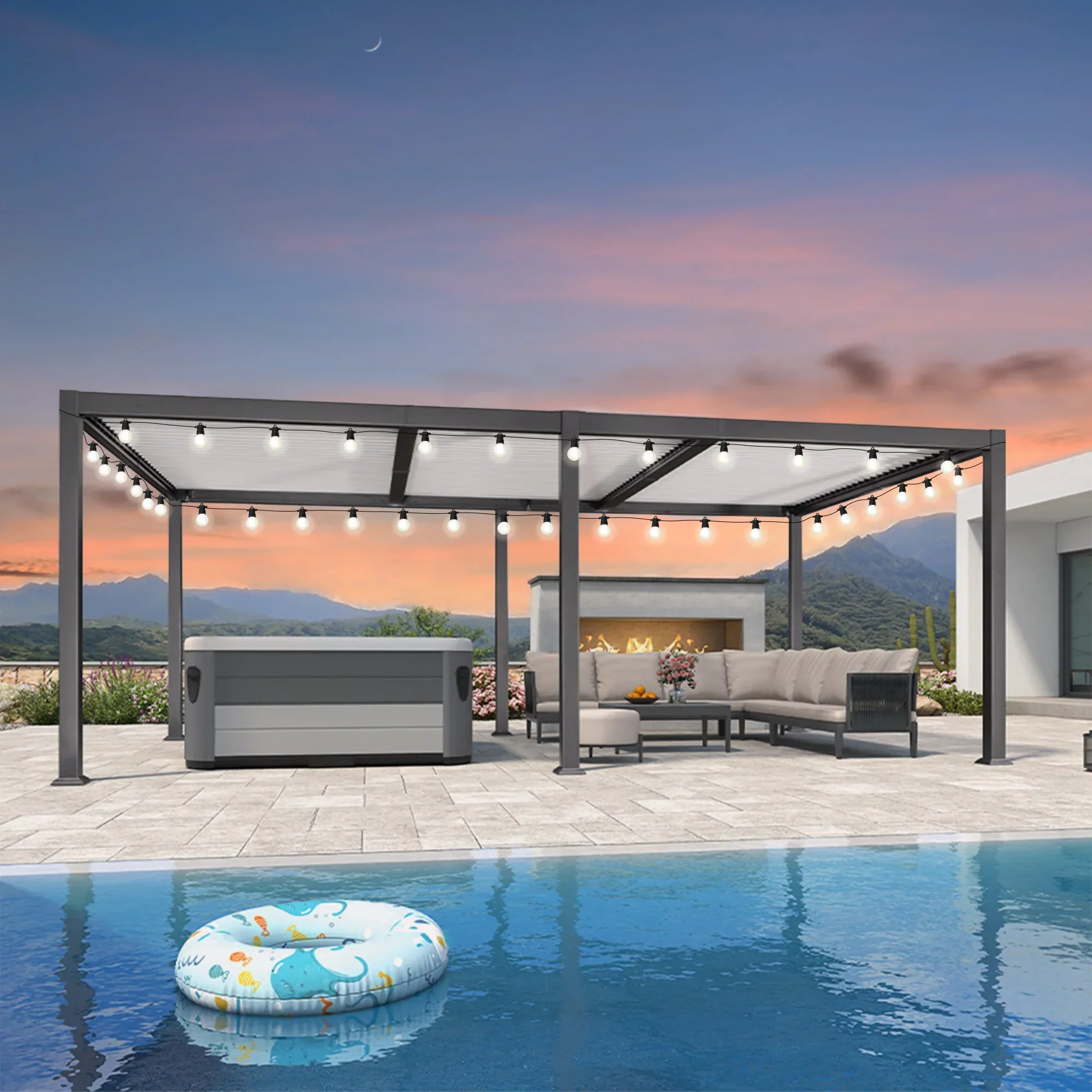 PURPLE LEAF Caesar Louvered Pergola with Milky String Lights Patio Aluminum Pergola with Independent Adjustable Rainproof Roof With Milky Lights - Image 63