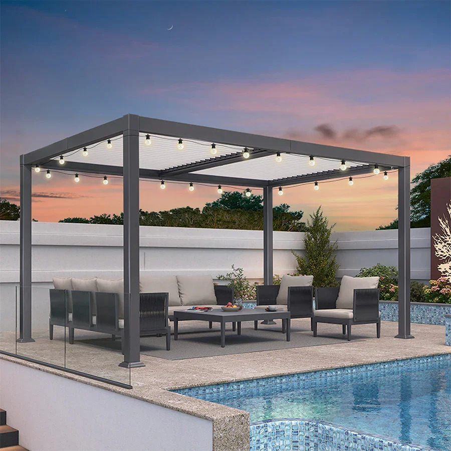PURPLE LEAF Caesar Louvered Pergola with String Lights Patio Aluminum Pergola with Independent Adjustable Rainproof Roof With Yellow Lights - Image 27