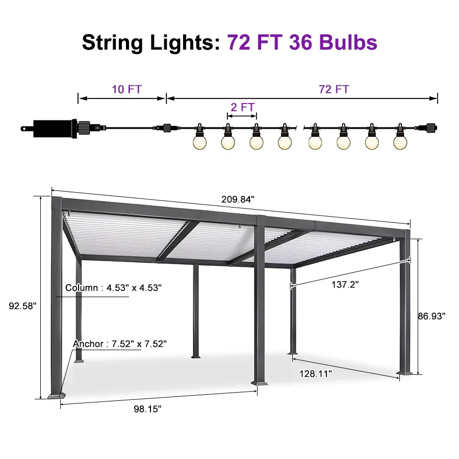 PURPLE LEAF Caesar Louvered Pergola with String Lights Patio Aluminum Pergola with Independent Adjustable Rainproof Roof With Yellow Lights - Image 32