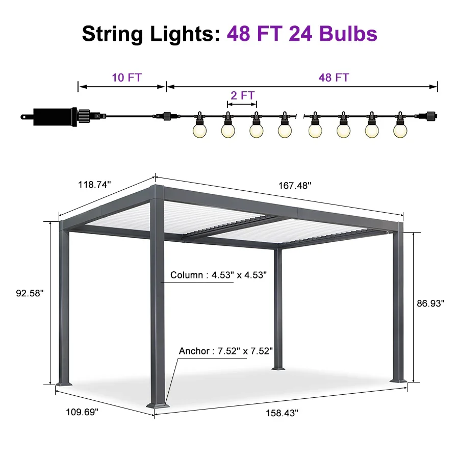 PURPLE LEAF Caesar Louvered Pergola with String Lights Patio Aluminum Pergola with Independent Adjustable Rainproof Roof With Yellow Lights - Image 33