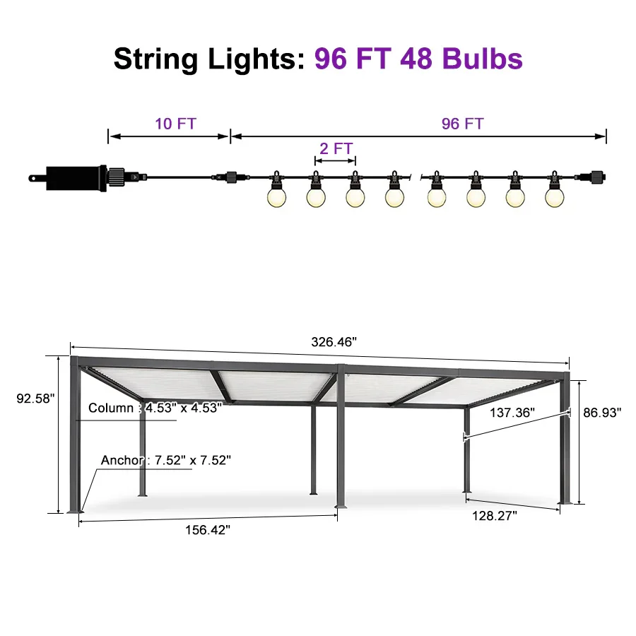 PURPLE LEAF Caesar Louvered Pergola with String Lights Patio Aluminum Pergola with Independent Adjustable Rainproof Roof With Yellow Lights - Image 36