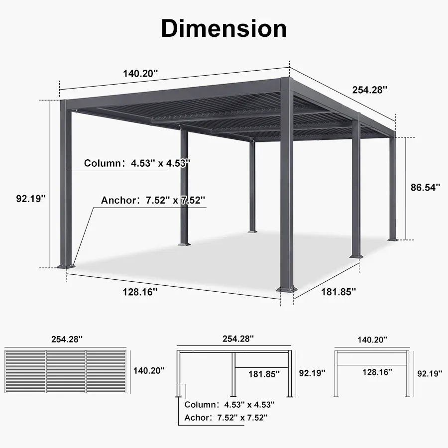 PURPLE LEAF Caesar Solar Louvered Pergola with LED Strip Lights and Control Panel Aluminum Outdoor Pergola with Adjustable Roof for Patio Deck Garden Yard Gray - Image 75