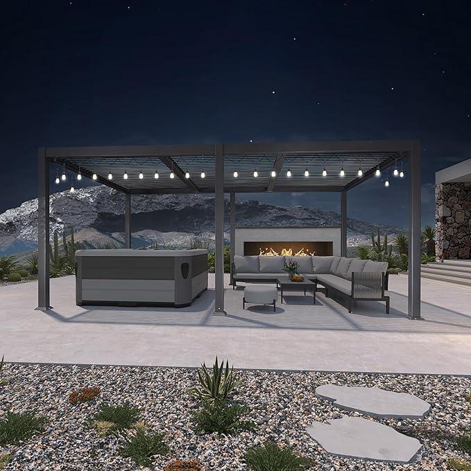 PURPLE LEAF Caesar Louvered Pergola with Yellow String Lights Patio Aluminum Pergola with Independent Adjustable Rainproof Roof Hardtop Pergola for Outdoor Deck Garden Yard - Image 9