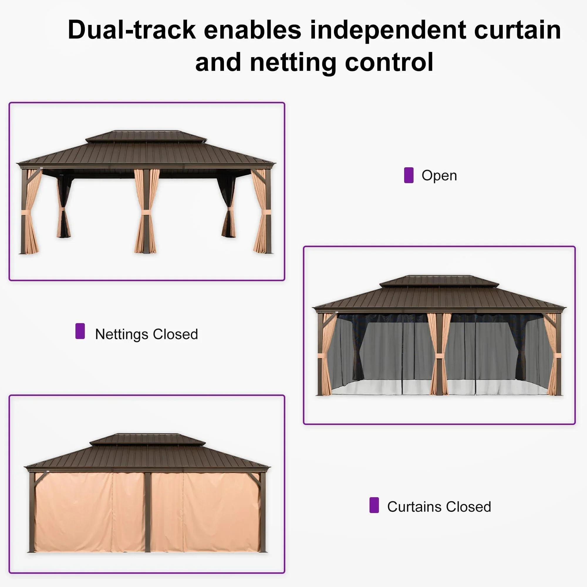 PURPLE LEAF Outdoor Hardtop Gazebo for Garden Bronze Double Roof Aluminum Frame Pavilion - Image 46