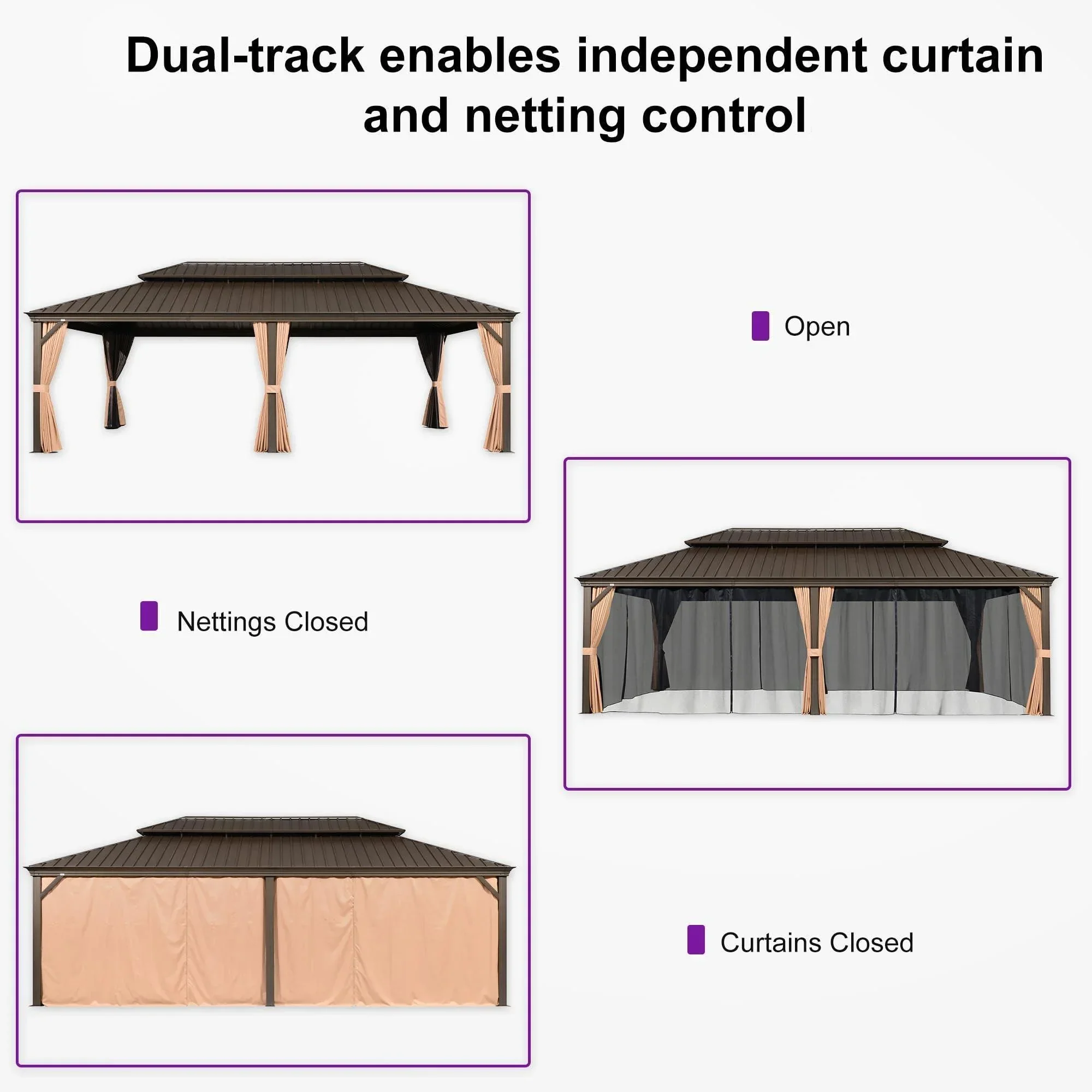 PURPLE LEAF Outdoor Hardtop Gazebo for Garden Bronze Double Roof Aluminum Frame Pavilion - Image 37