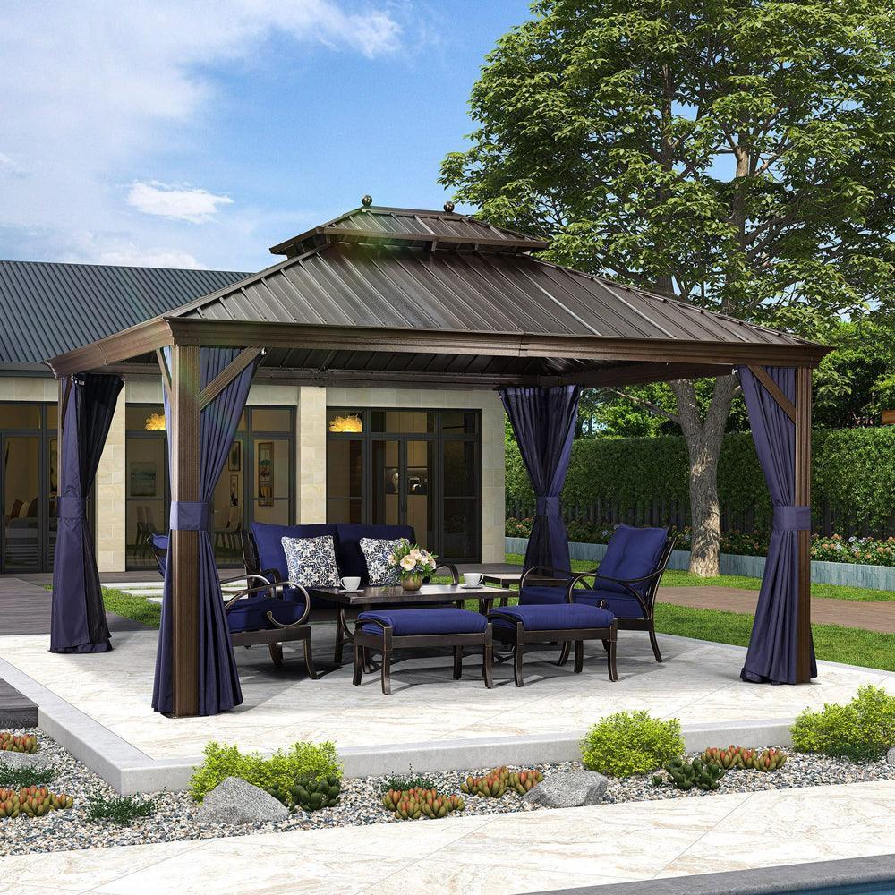 PURPLE LEAF Outdoor Hardtop Gazebo for Patio Bronze Aluminum Frame Pavilion with Navy-Blue Curtain - Image 10
