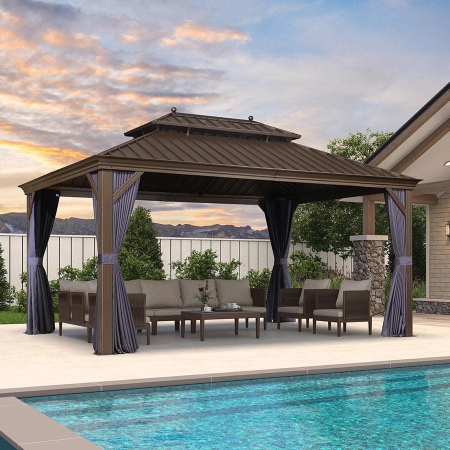 PURPLE LEAF Outdoor Hardtop Gazebo for Patio Bronze Aluminum Frame Pavilion with Navy-Blue Curtain - Image 103