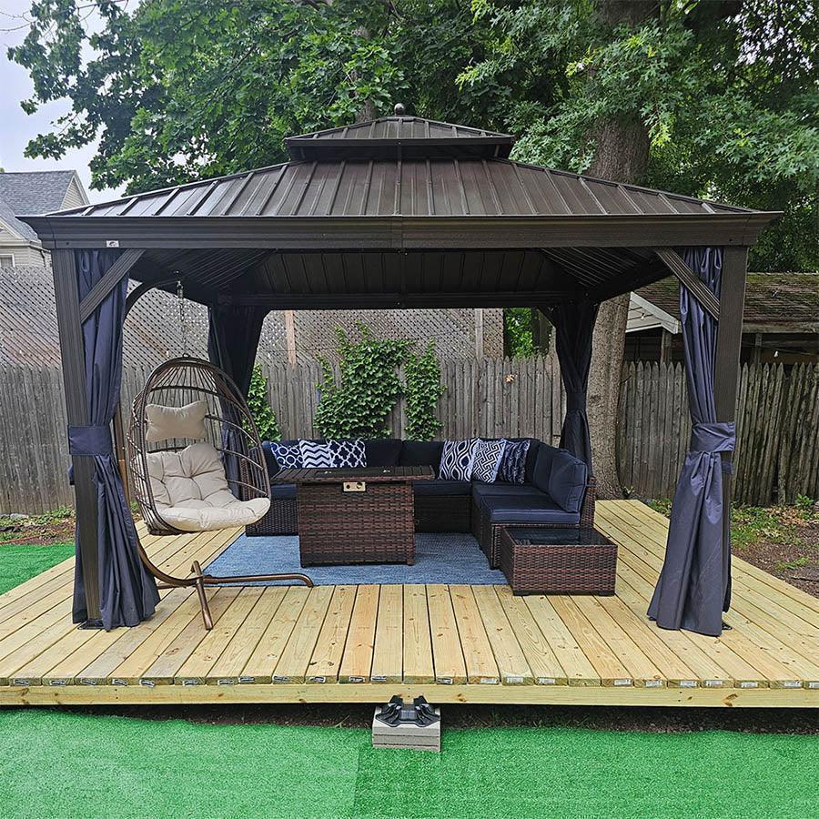 PURPLE LEAF Outdoor Hardtop Gazebo for Patio Bronze Aluminum Frame Pavilion with Navy-Blue Curtain - Image 109