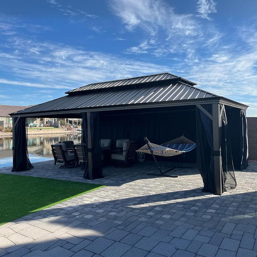 PURPLE LEAF Outdoor Hardtop Gazebo for Patio Bronze Aluminum Frame Pavilion with Navy-Blue Curtain - Image 128