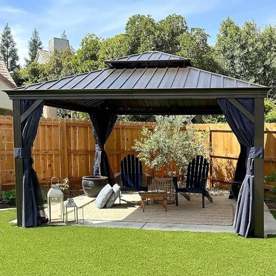 PURPLE LEAF Outdoor Hardtop Gazebo for Patio Bronze Aluminum Frame Pavilion with Navy-Blue Curtain - Image 137
