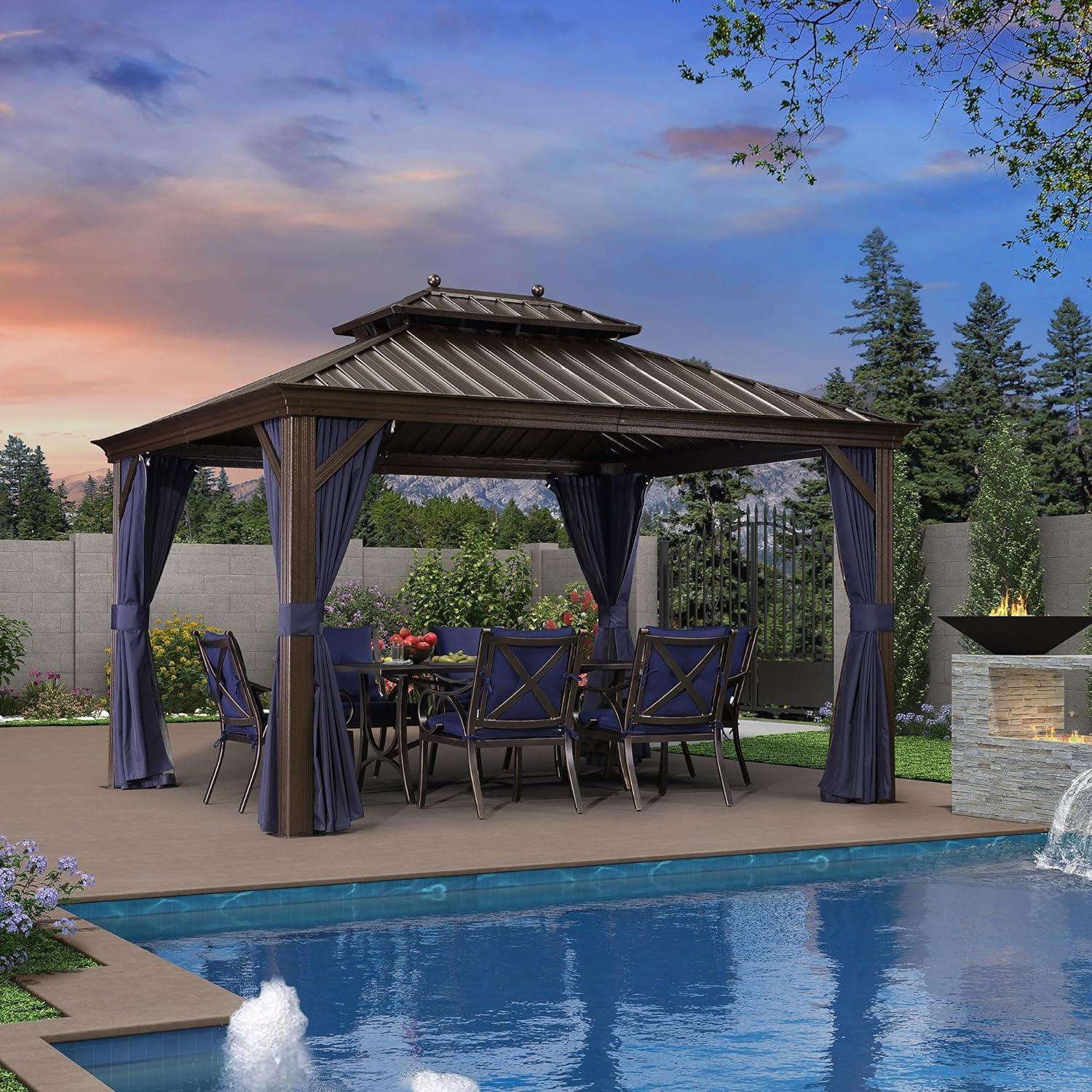 PURPLE LEAF Outdoor Hardtop Gazebo for Patio Bronze Aluminum Frame Pavilion with Navy-Blue Curtain - Image 70