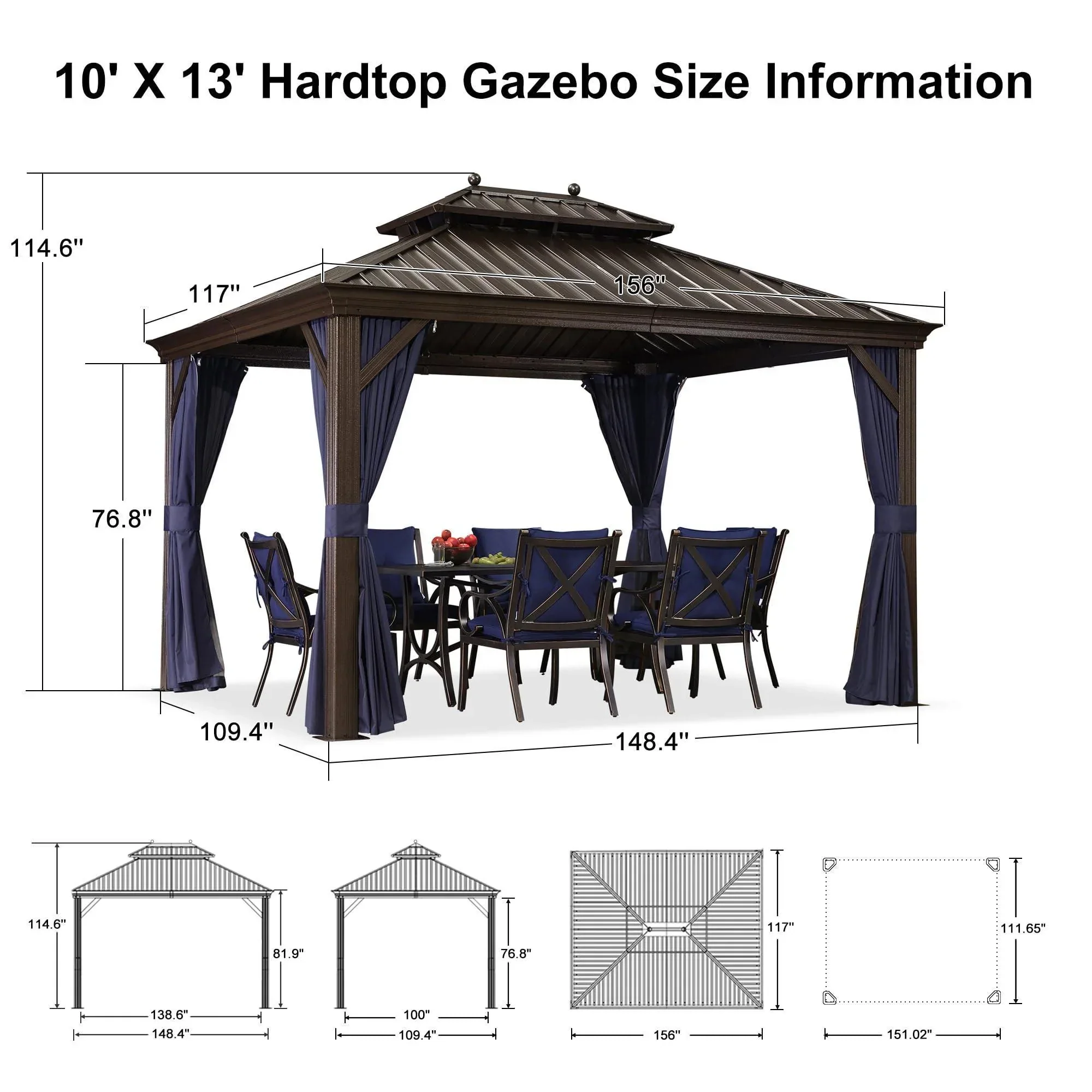 PURPLE LEAF Outdoor Hardtop Gazebo for Patio Bronze Aluminum Frame Pavilion with Navy-Blue Curtain - Image 75