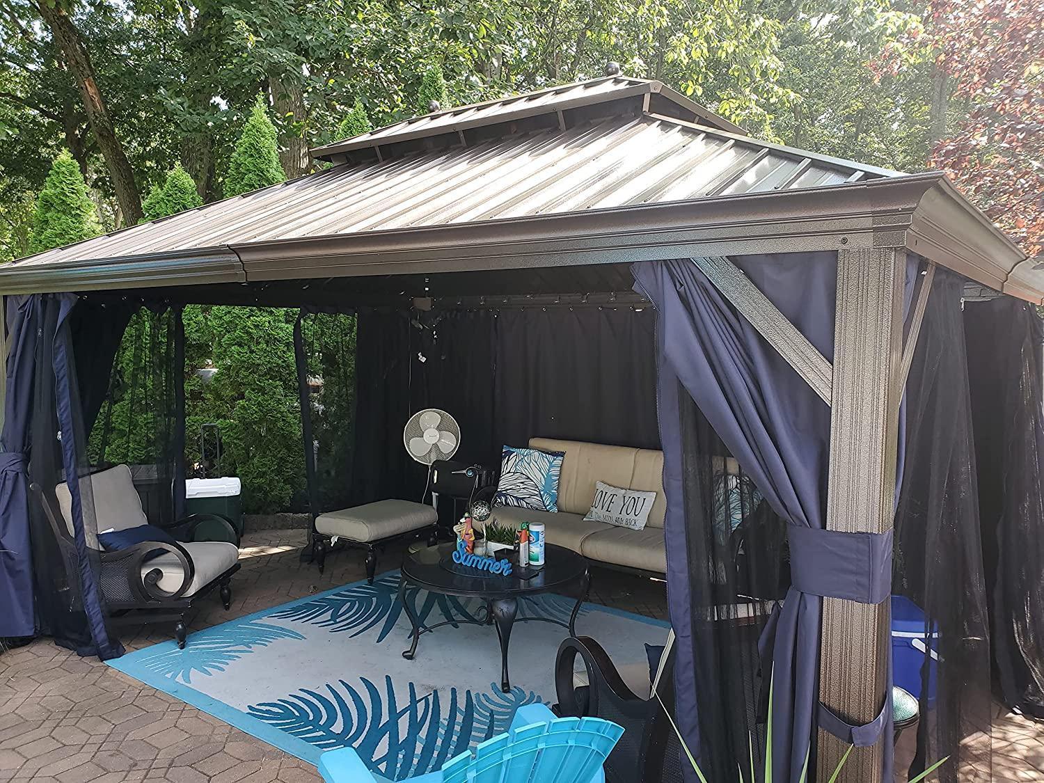 PURPLE LEAF Outdoor Hardtop Gazebo for Patio Bronze Aluminum Frame Pavilion with Navy-Blue Curtain - Image 8