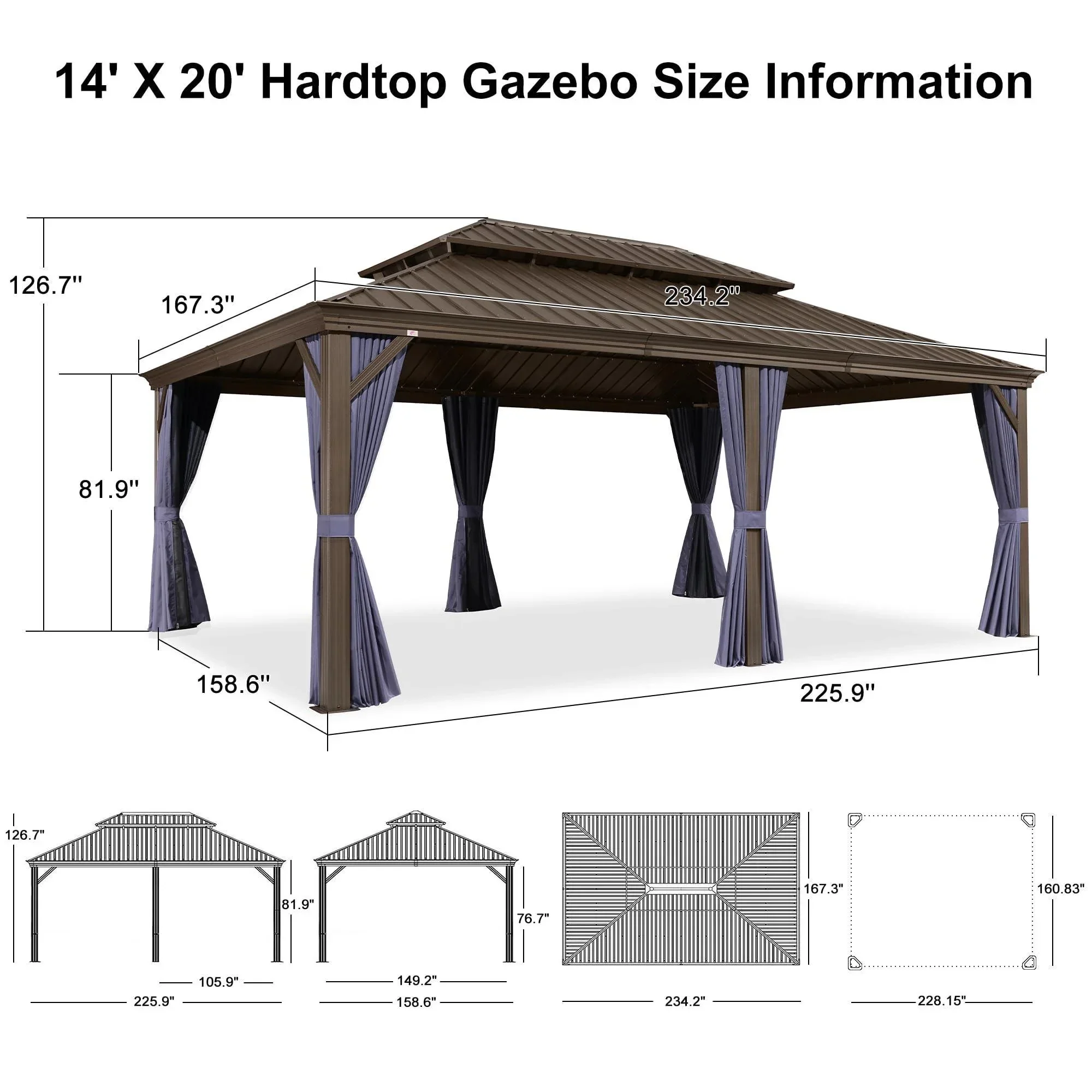 PURPLE LEAF Outdoor Hardtop Gazebo for Patio Bronze Aluminum Frame Pavilion with Navy-Blue Curtain - Image 89