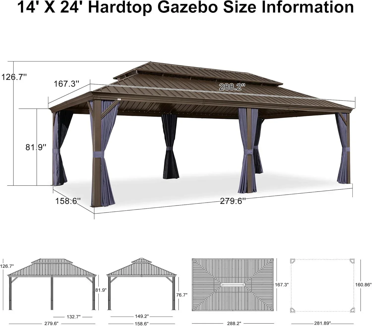 PURPLE LEAF Outdoor Hardtop Gazebo for Patio Bronze Aluminum Frame Pavilion with Navy-Blue Curtain - Image 92