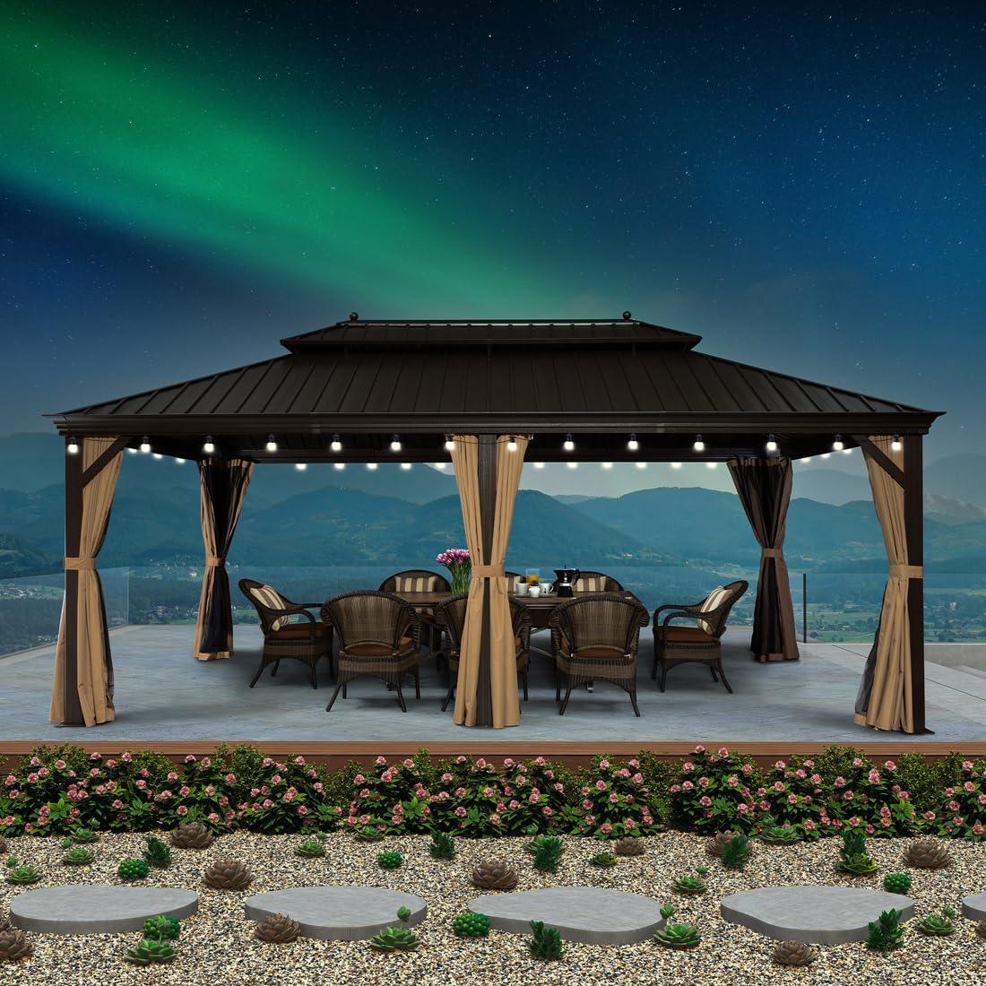 PURPLE LEAF Outdoor Hardtop Gazebo for Garden Bronze Double Roof Aluminum Frame Pavilion with String Lights-milky - Image 21