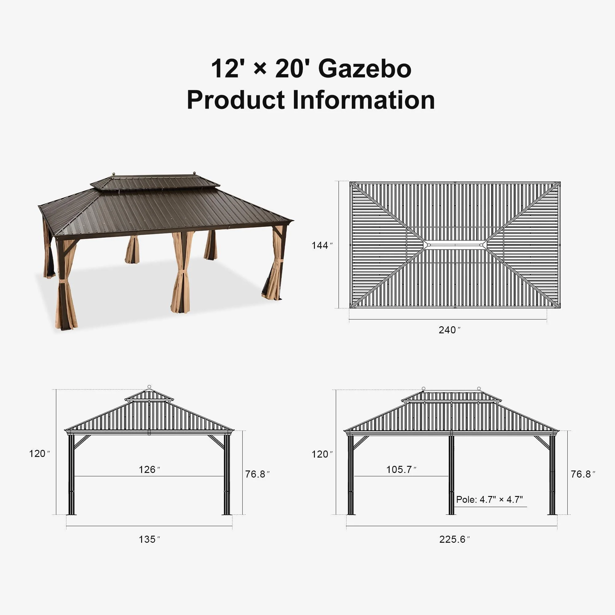 PURPLE LEAF Outdoor Hardtop Gazebo for Garden Bronze Double Roof Aluminum Frame Pavilion with String Lights-milky - Image 22