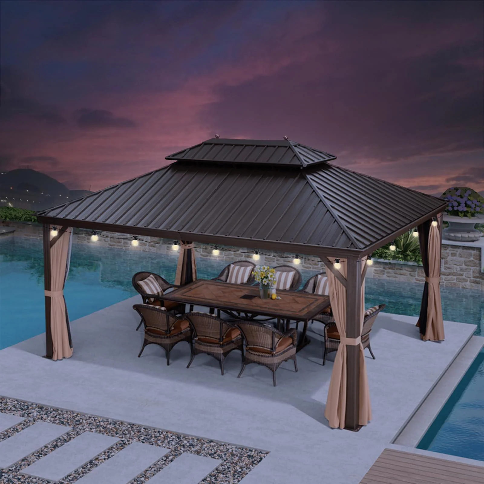 PURPLE LEAF Outdoor Hardtop Gazebo for Garden Bronze Double Roof Aluminum Frame Pavilion with String Lights-milky - Image 28