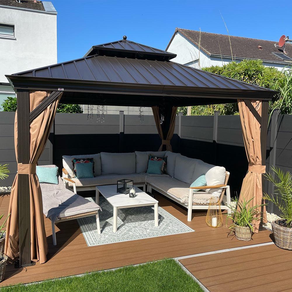 PURPLE LEAF Outdoor Hardtop Gazebo for Garden Bronze Double Roof Aluminum Frame Pavilion with String Lights-milky - Image 50