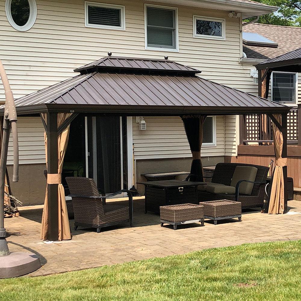 PURPLE LEAF Outdoor Hardtop Gazebo for Garden Bronze Double Roof Aluminum Frame Pavilion with String Lights-milky - Image 53