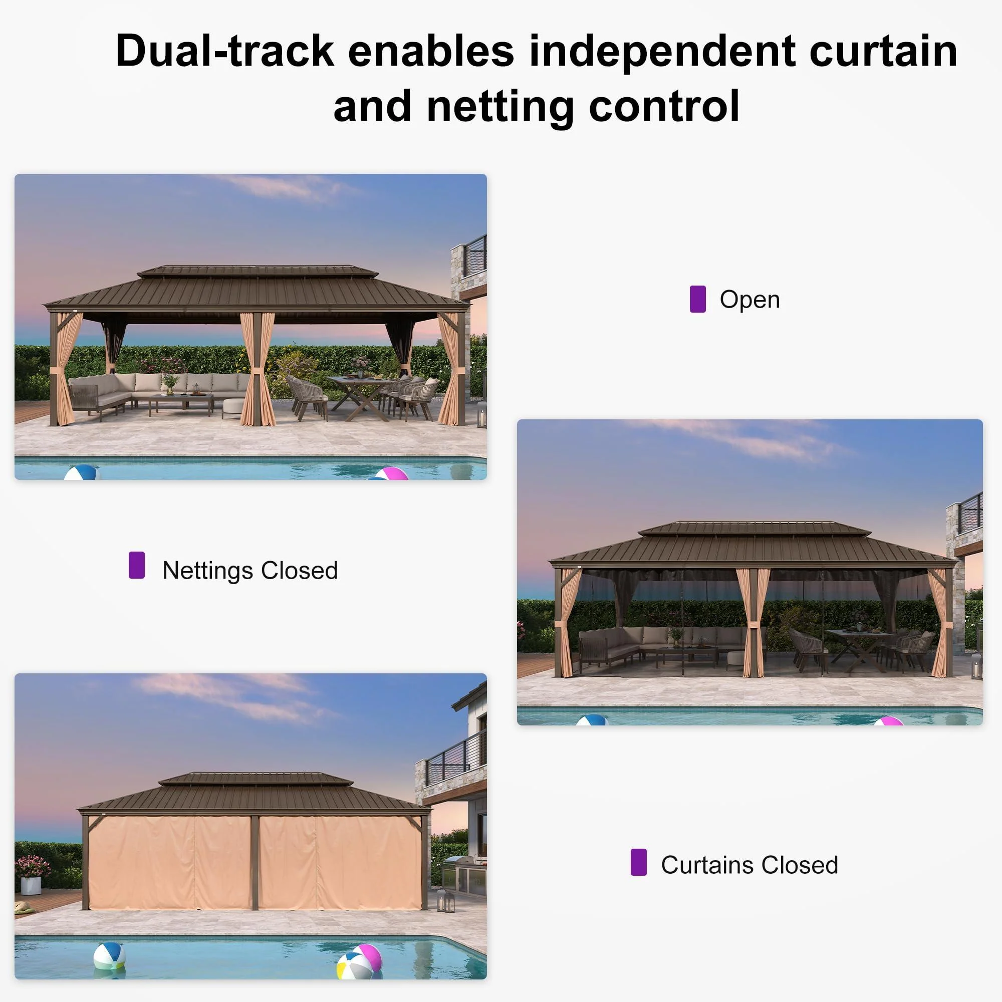 PURPLE LEAF Outdoor Hardtop Gazebo for Garden Bronze Double Roof Aluminum Frame Pavilion with String Lights-milky - Image 64