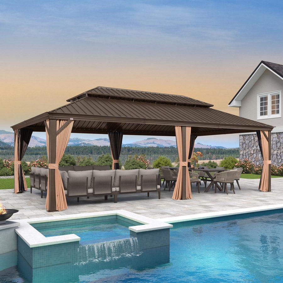 PURPLE LEAF Outdoor Hardtop Gazebo for Garden Bronze Double Roof Aluminum Frame Pavilion with String Lights-milky - Image 69