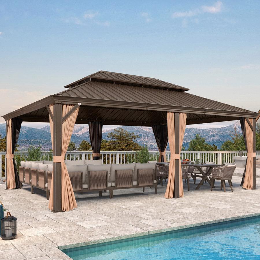 PURPLE LEAF Outdoor Hardtop Gazebo for Garden Bronze Double Roof Aluminum Frame Pavilion with String Lights-milky - Image 71