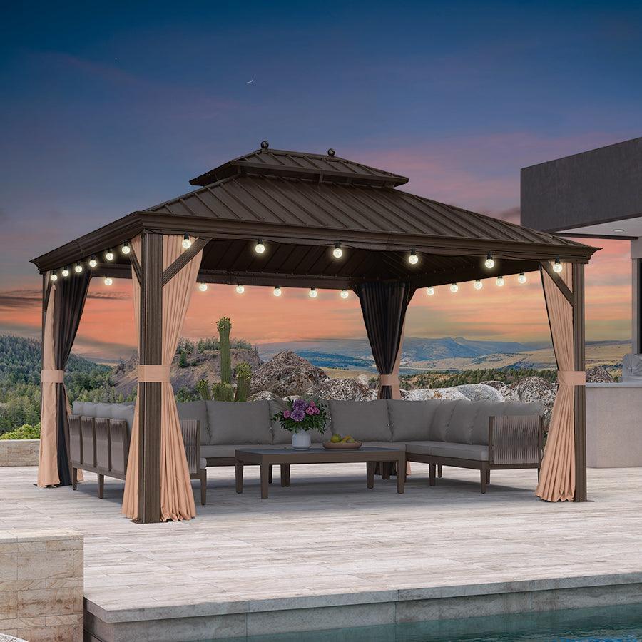 PURPLE LEAF Outdoor Hardtop Gazebo for Garden Bronze Double Roof Aluminum Frame Pavilion with String Lights-milky - Image 81