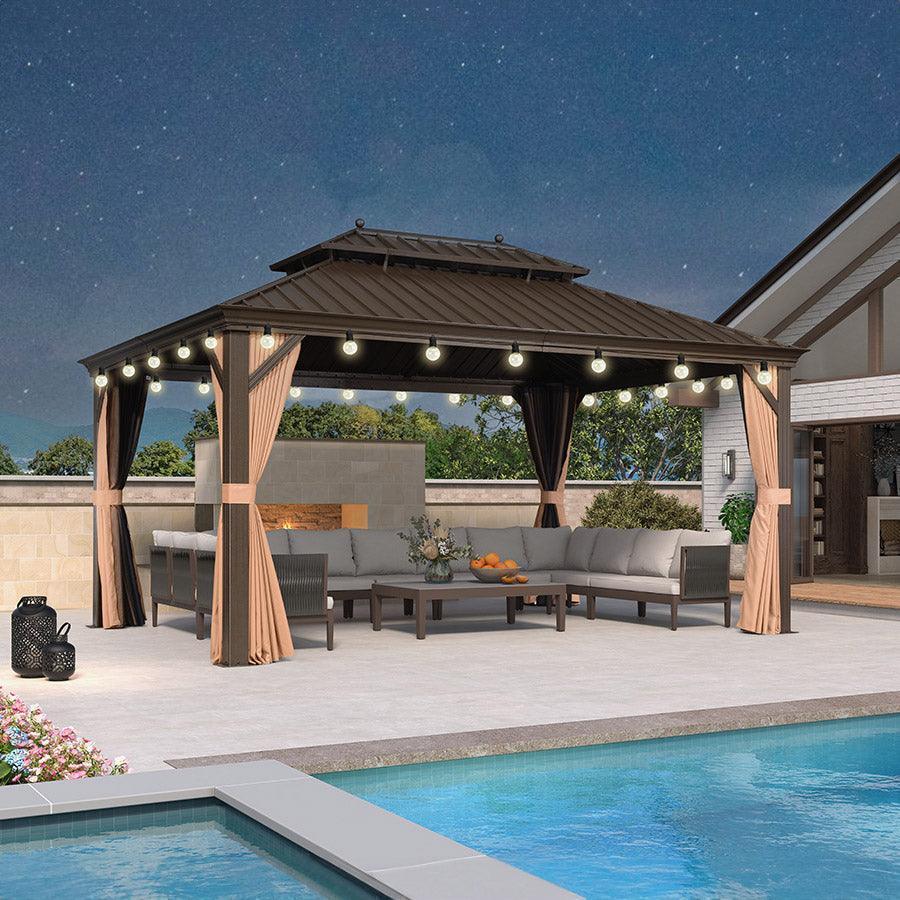 PURPLE LEAF Outdoor Hardtop Gazebo for Garden Bronze Double Roof Aluminum Frame Pavilion with String Lights-milky - Image 85