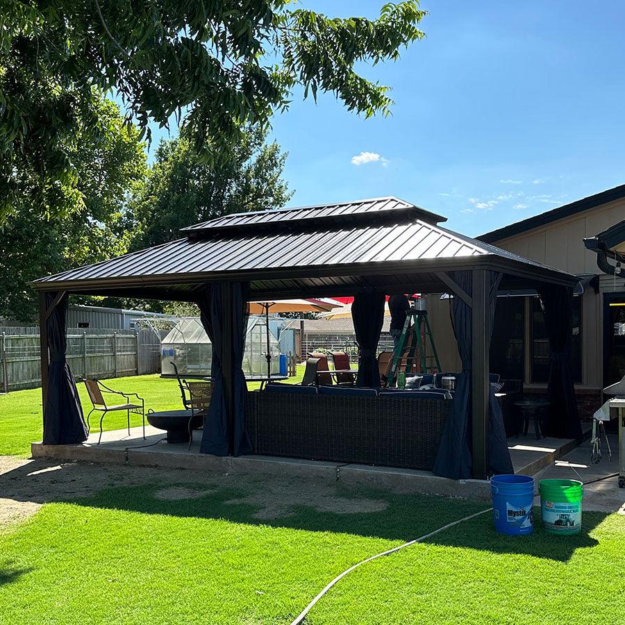 PURPLE LEAF Outdoor Hardtop Gazebo for Patio Bronze Aluminum Frame Pavilion with Navy-Blue Curtain and String Lights-milky - Image 108