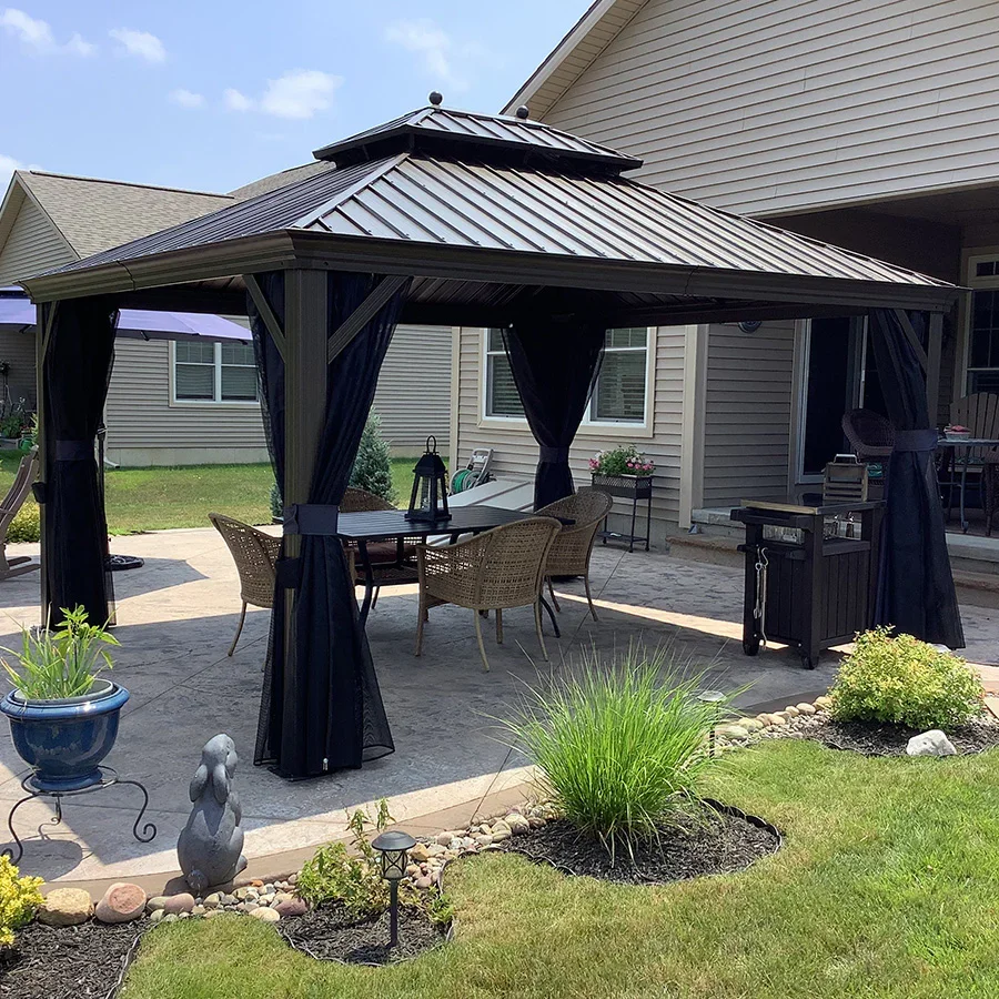 PURPLE LEAF Outdoor Hardtop Gazebo for Patio Bronze Aluminum Frame Pavilion with Navy-Blue Curtain and String Lights-milky - Image 118