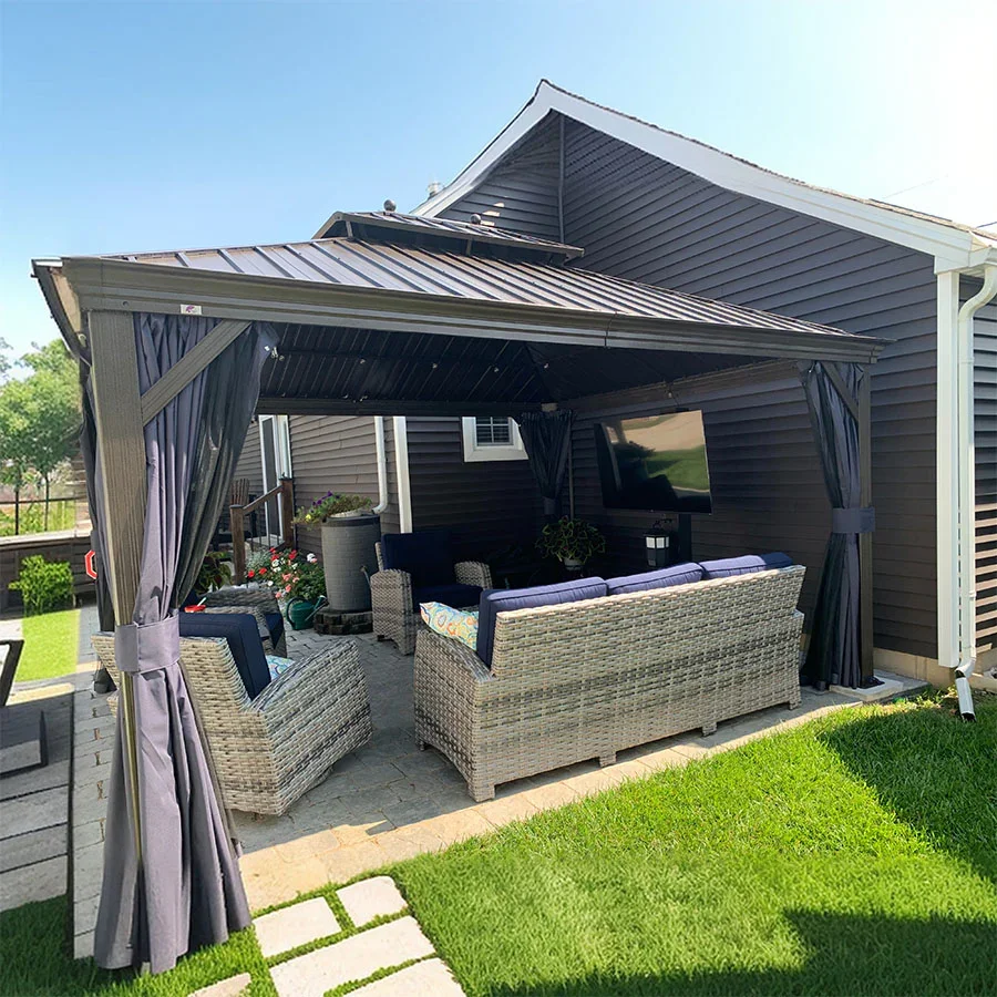 PURPLE LEAF Outdoor Hardtop Gazebo for Patio Bronze Aluminum Frame Pavilion with Navy-Blue Curtain and String Lights-milky - Image 123