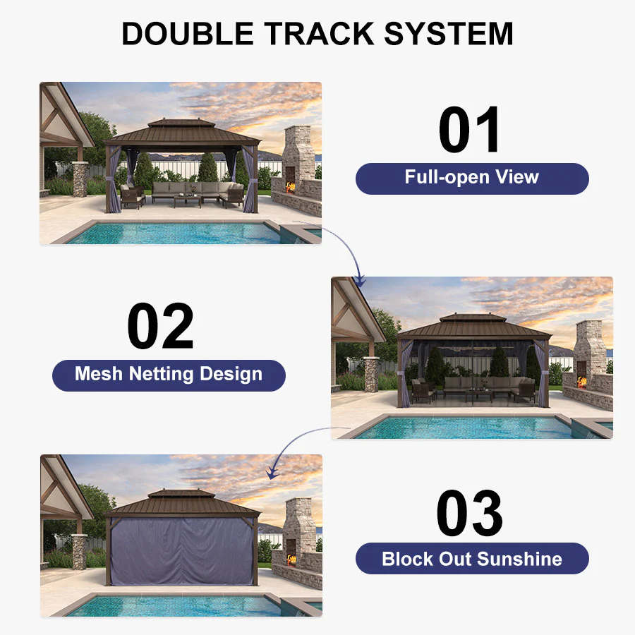 PURPLE LEAF Outdoor Hardtop Gazebo for Patio Bronze Aluminum Frame Pavilion with Navy-Blue Curtain and String Lights-milky - Image 95
