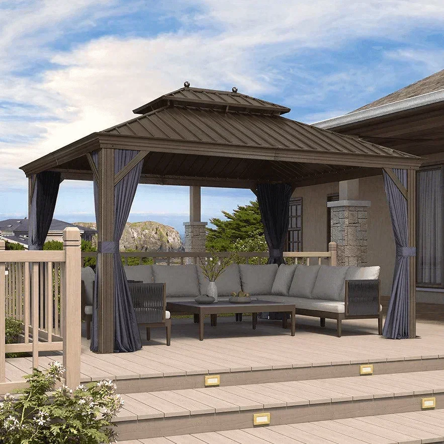 PURPLE LEAF Outdoor Hardtop Gazebo for Patio Bronze Aluminum Frame Pavilion with Navy-Blue Curtain and String Lights-milky - Image 77