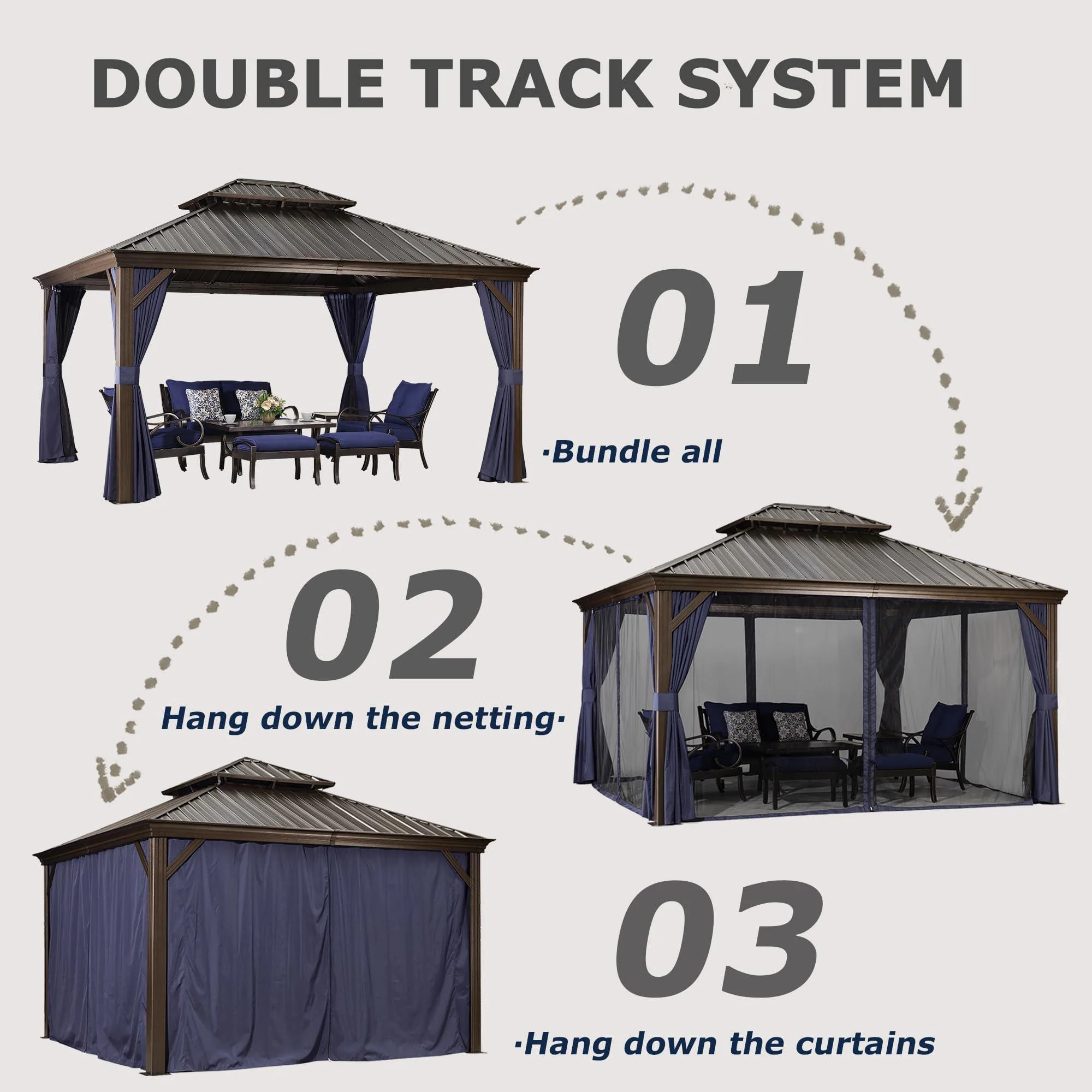 PURPLE LEAF Outdoor Hardtop Gazebo for Patio Bronze Aluminum Frame Pavilion with Navy-Blue Curtain and String Lights-milky - Image 6