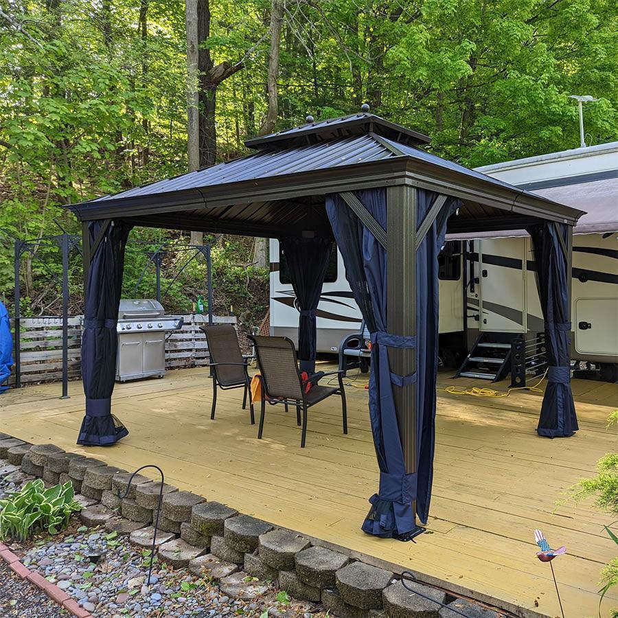 PURPLE LEAF Outdoor Hardtop Gazebo for Patio Bronze Aluminum Frame Pavilion with Navy-Blue Curtain and String Lights-milky - Image 83