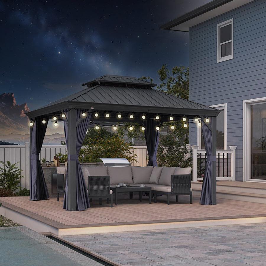 PURPLE LEAF Outdoor Hardtop Gazebo for Patio Grey Aluminum Frame Pavilion with Navy-Blue Curtain and String Lights - Image 3