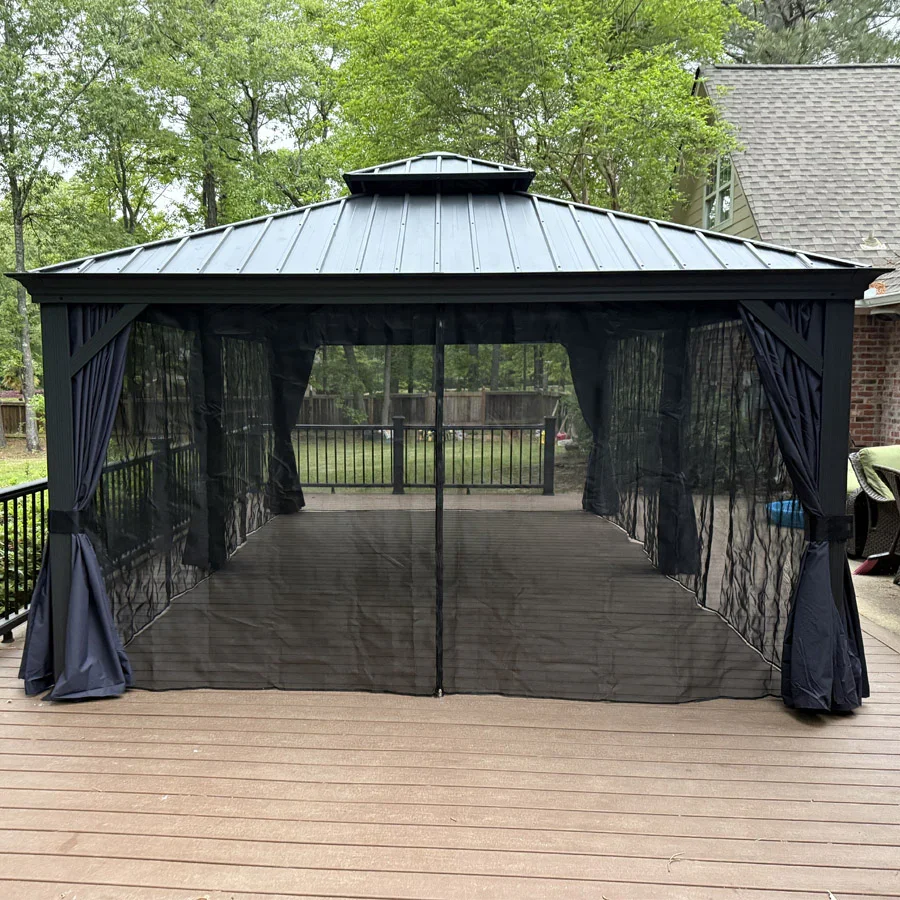PURPLE LEAF Outdoor Hardtop Gazebo for Patio Grey Aluminum Frame Pavilion with Navy-Blue Curtain and String Lights - Image 37