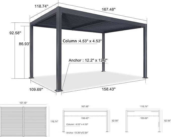 PURPLE LEAF Caesar Outdoor Louvered Pergola Patio Sun Shade Shelter with Adjustable Hardtop Patio Pergola Gray Frame White Roof - Image 37