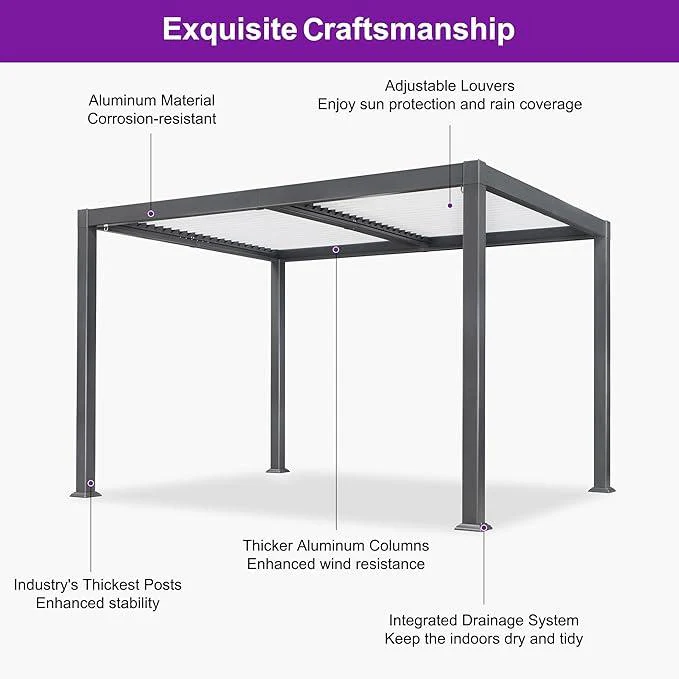 PURPLE LEAF Caesar Outdoor Louvered Pergola Patio Sun Shade Shelter with Adjustable Hardtop Patio Pergola Gray Frame White Roof - Image 45