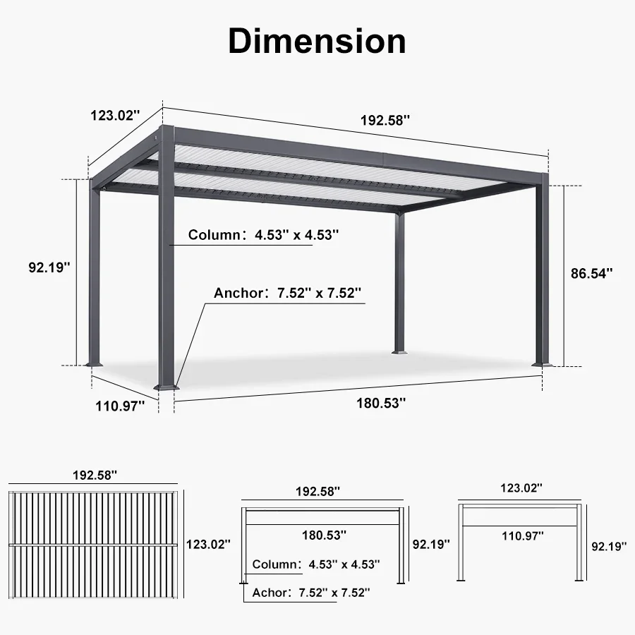 PURPLE LEAF Caesar Outdoor Louvered Pergola Patio Sun Shade Shelter with Adjustable Hardtop Patio Pergola Gray Frame White Roof - Image 64