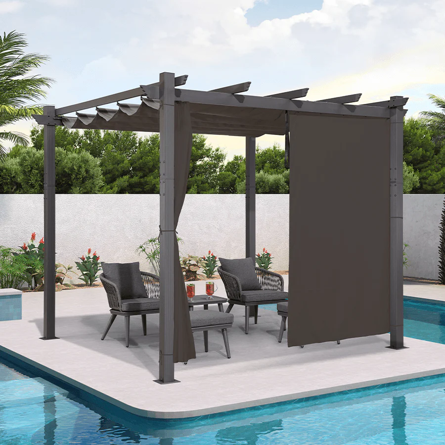 PURPLE LEAF Outdoor Pergola with Retractable Canopy Aluminum Shelter for Beach Porch Garden  Shade Pavilion Pergola  with Curtains - Image 158