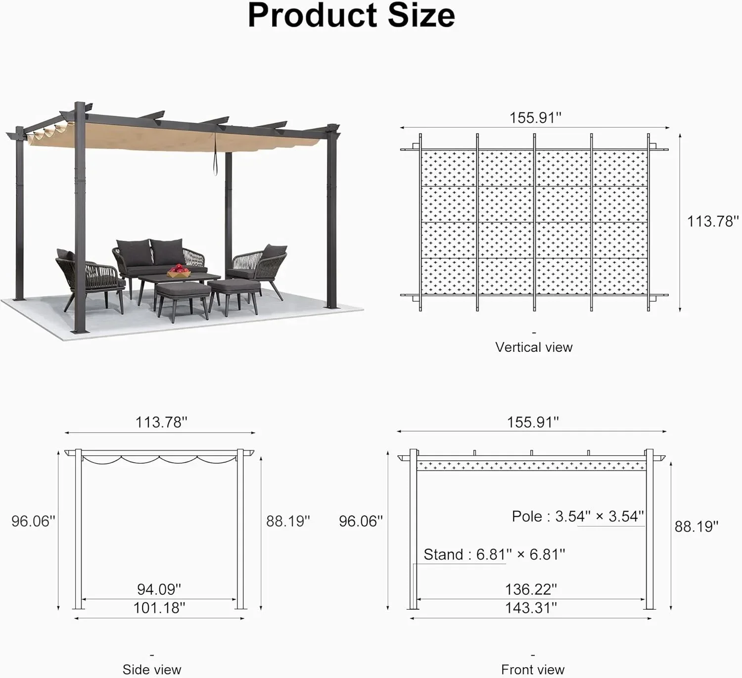 PURPLE LEAF Outdoor Pergola with Retractable Canopy Aluminum Shelter for Beach Porch Garden  Shade Pavilion Pergola  with Curtains - Image 193