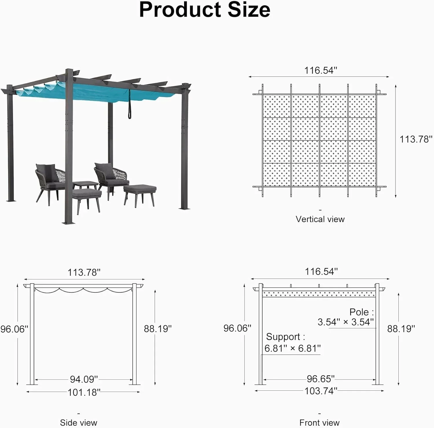 PURPLE LEAF Outdoor Pergola with Retractable Canopy Aluminum Shelter for Beach Porch Garden  Shade Pavilion Pergola  with Curtains - Image 194