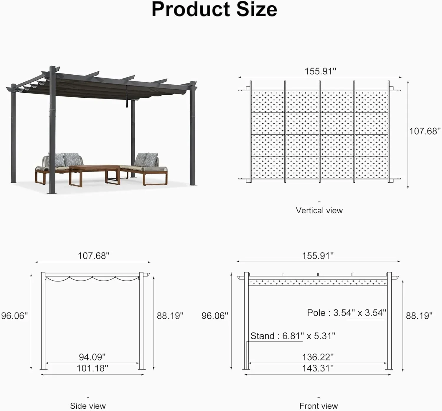 PURPLE LEAF Outdoor Pergola with Retractable Canopy Aluminum Shelter for Beach Porch Garden  Shade Pavilion Pergola  with Curtains - Image 196