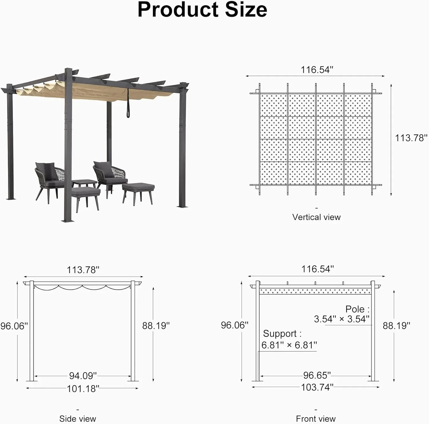 PURPLE LEAF Outdoor Pergola with Retractable Canopy Aluminum Shelter for Beach Porch Garden  Shade Pavilion Pergola  with Curtains - Image 198